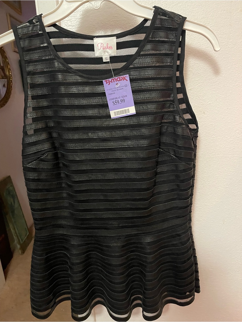 Parker Black Striped Mesh Peplum Shell